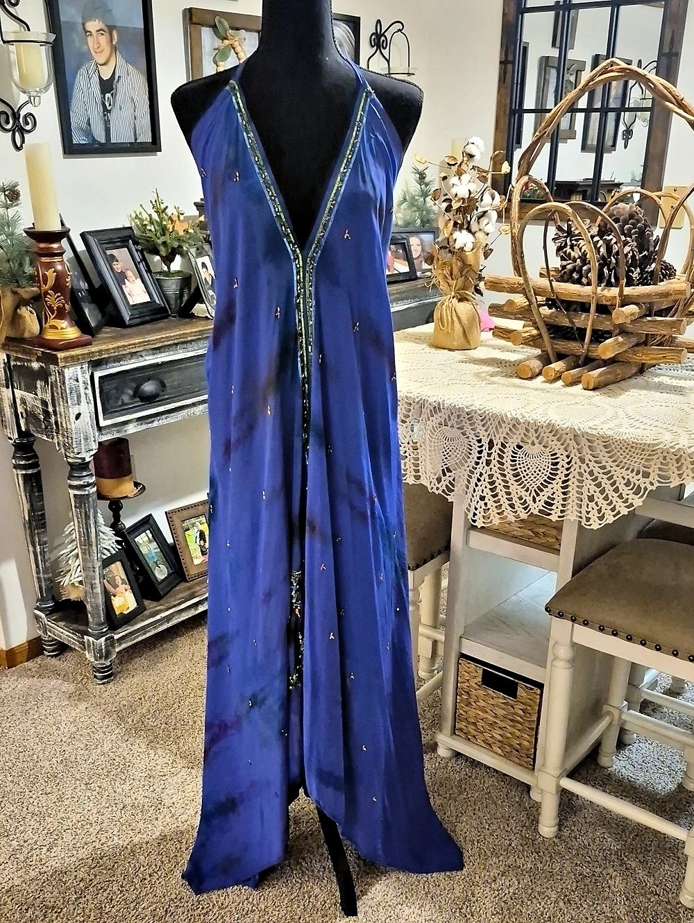 Azure Tide Handkerchief Maxi Dress/Artisan Beaded Boho Resort Dress